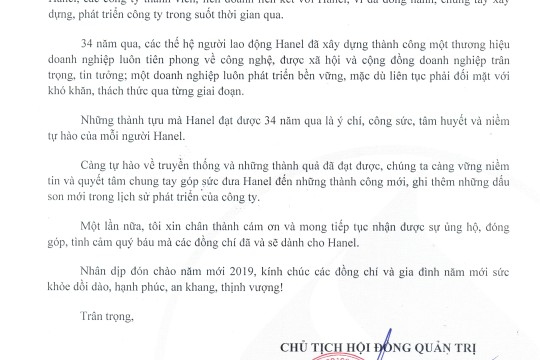 CHỦ TỊCH HĐQT HANEL GỬI THƯ TRI ÂN ĐẾN BAN LÃNH ĐẠO VÀ CÁN BỘ NHÂN VIÊN CÔNG TY CP HANEL, CÁC CÔNG TY THÀNH VIÊN, LIÊN DOANH, LIÊN KẾT VỚI HANEL NHÂN DỊP KỶ NIỆM 34 NĂM NGÀY THÀNH LẬP CÔNG TY